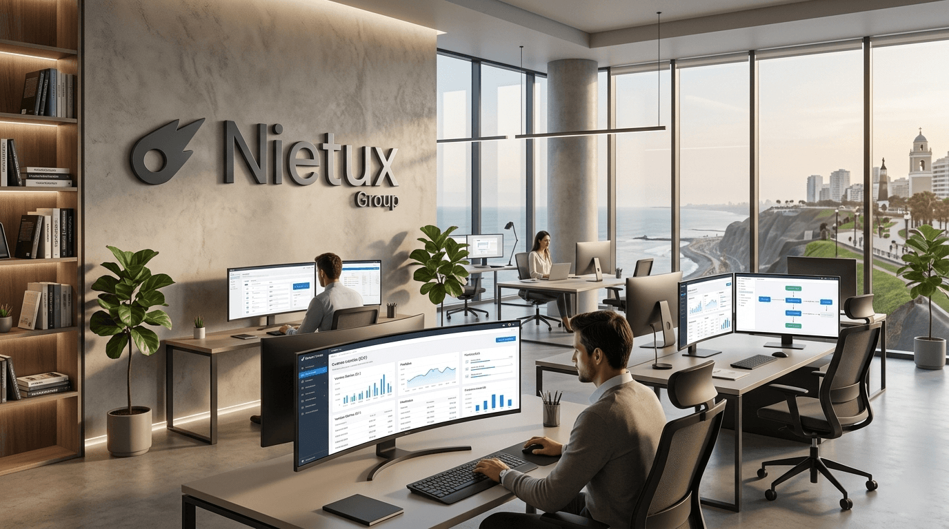 Ilustración de un espacio de trabajo con la marca Nietux
